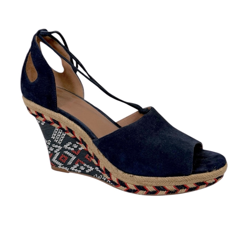 CABI 8M Women's Navy Blue Suede Aztec Isla Tassel Ankle Wedge Espadrille Sandals